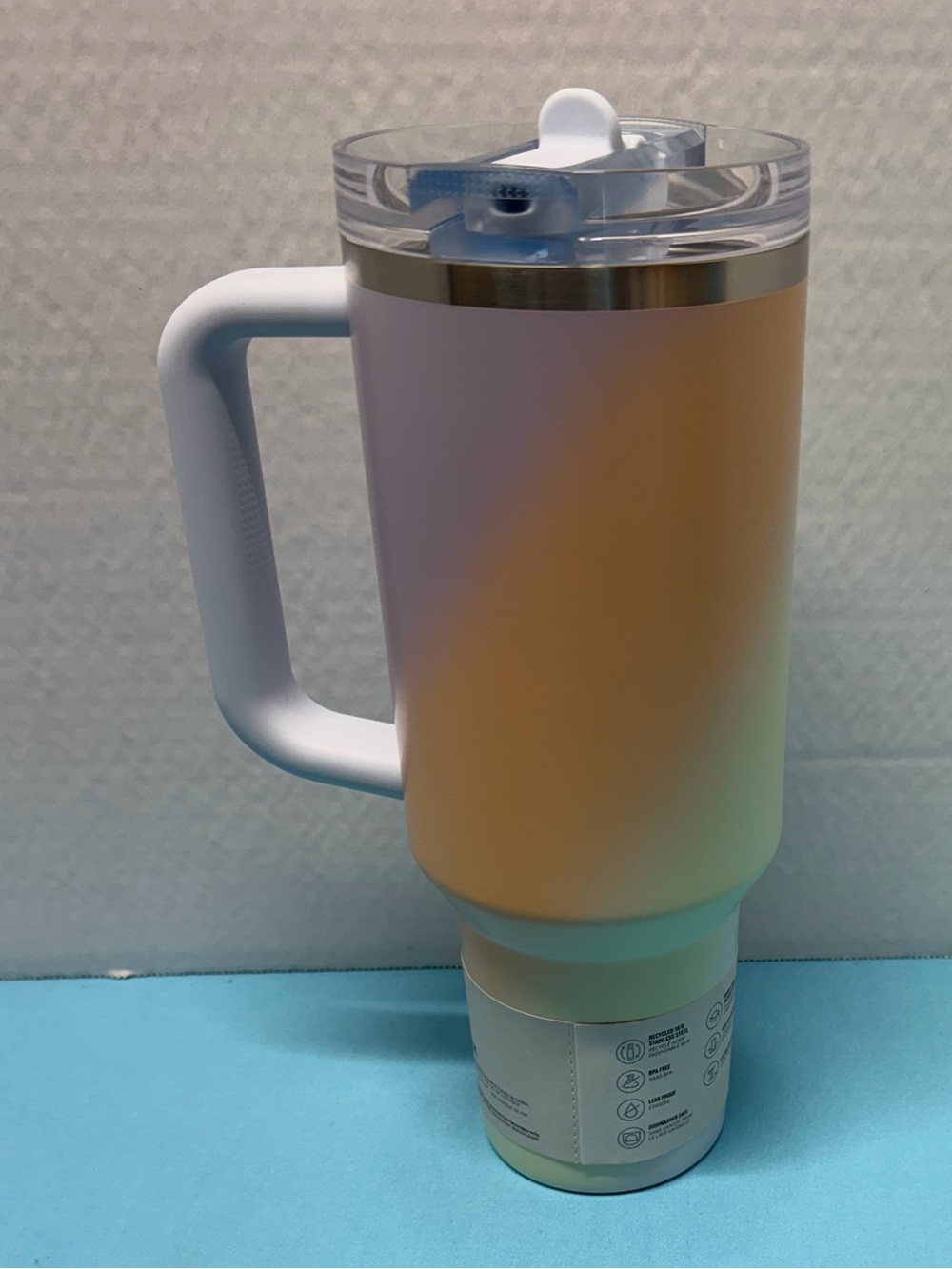 Stanley White-Handled Iridescent Peach Travel Mug